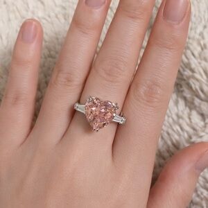 S925 Sterling Silver Heart Pink Lab Diamond Ring, 12mm Stone – Size‎ 7